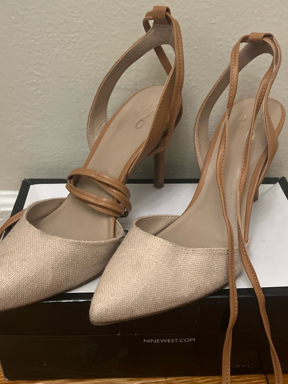 Mix No. 6 Beige Pointed-Toe Heels with Tan Ankle Straps